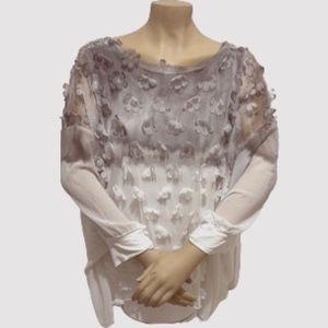 Vintage Concept- 3D Flower Organza Top - White & Grey